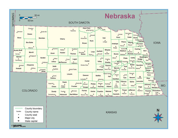 Nebraska County Outline Wall Map Maps.com