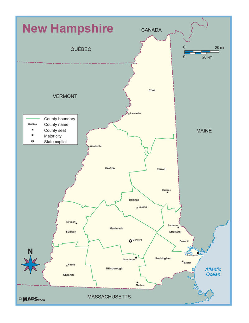New Hampshire County Outline Wall Map Maps.com