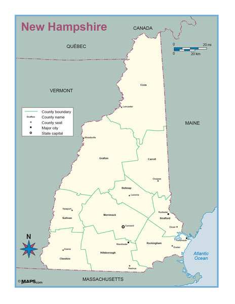 New Hampshire County Outline Wall Map Maps.com