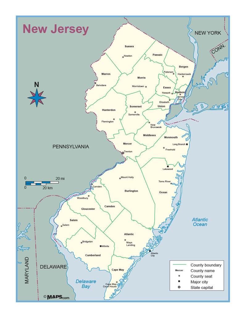 New Jersey County Outline Wall Map Maps.com