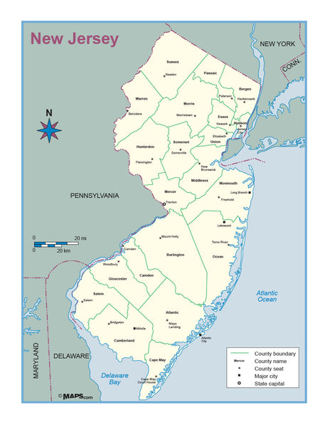 New Jersey County Outline Wall Map Maps.com