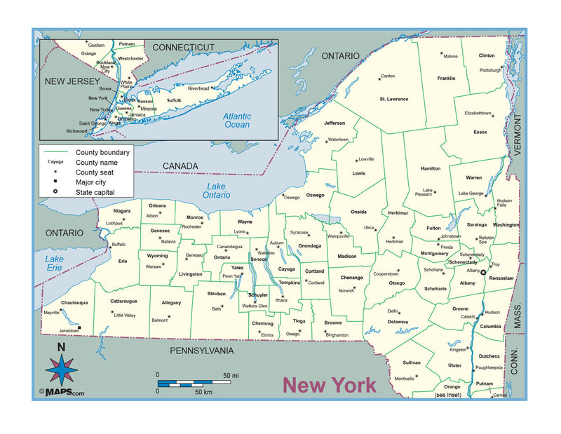New York County Outline Wall Map Maps.com