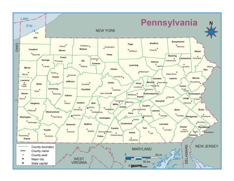 Pennsylvania County Outline Wall Map Maps.com
