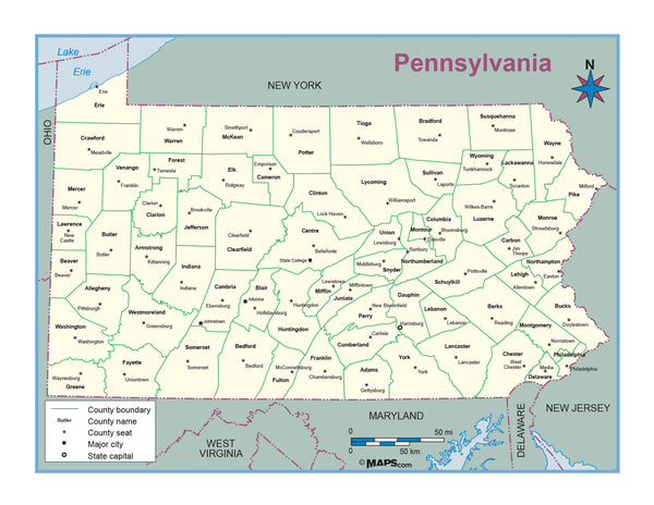 Pennsylvania County Outline Wall Map Maps.com