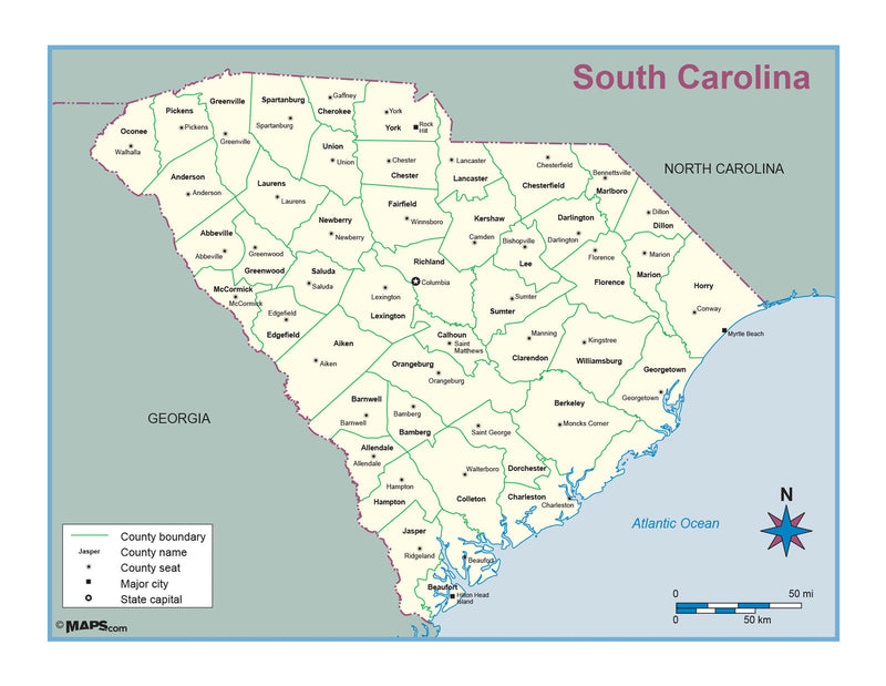 South Carolina County Outline Wall Map Maps.com