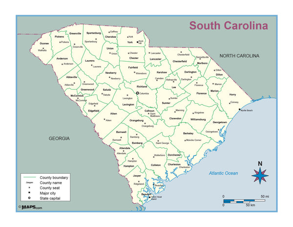 South Carolina County Outline Wall Map Maps.com