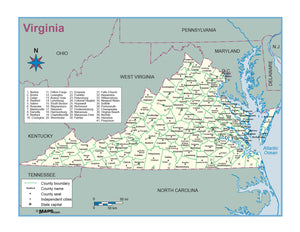 Virginia County Outline Wall Map