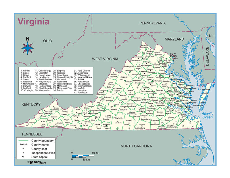 Virginia County Outline Wall Map Maps.com