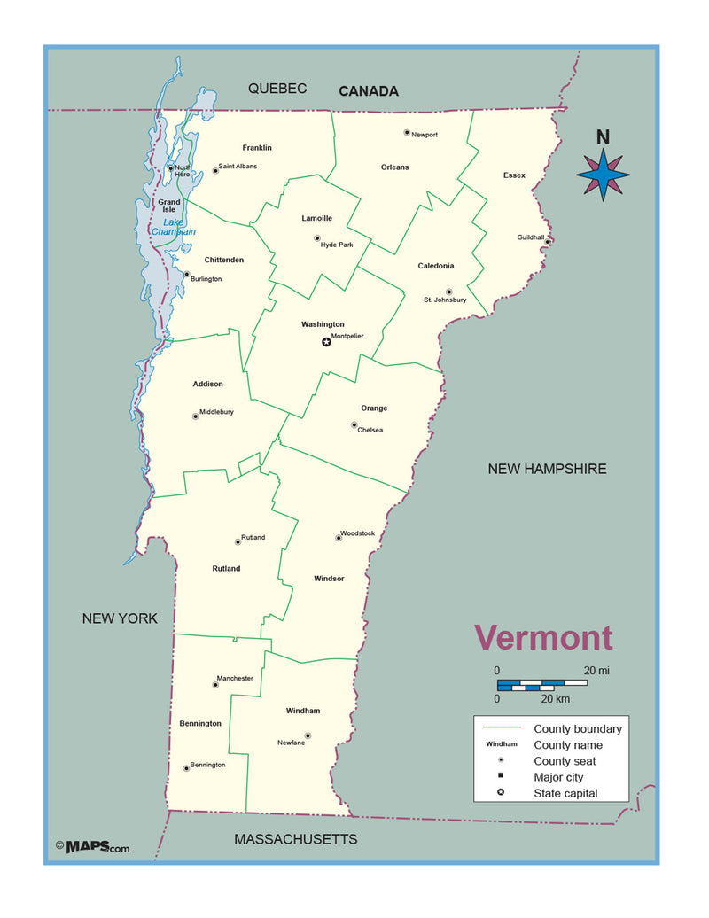Vermont County Outline Wall Map Maps.com