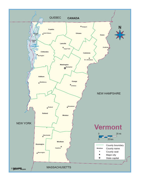 Vermont County Outline Wall Map Maps.com