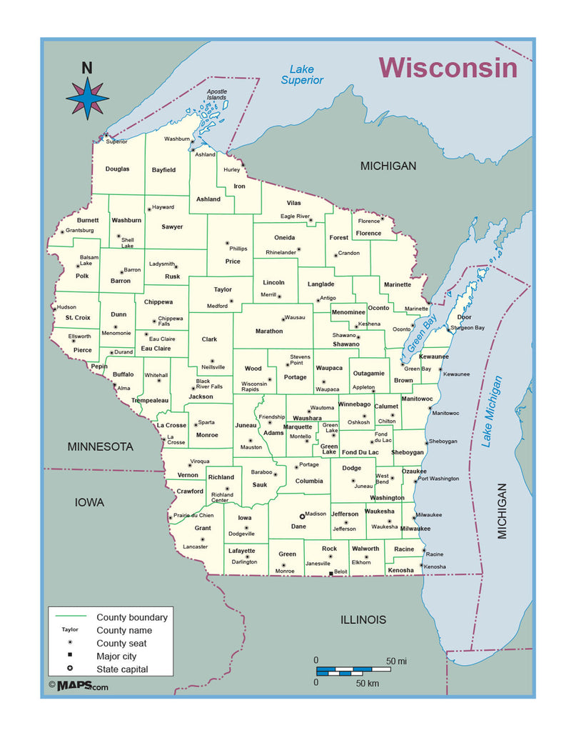 Wisconsin Map Countriea Wisconsin County Outline Wall Map | Map Geek.com