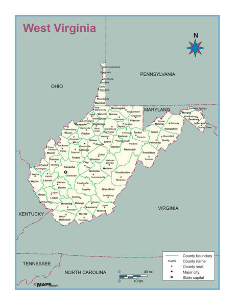 West Virginia County Outline Wall Map Maps.com