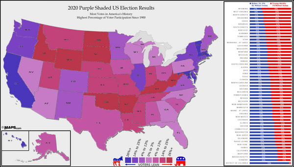 2020 Purple Shaded U.S. Election Results Maps.com