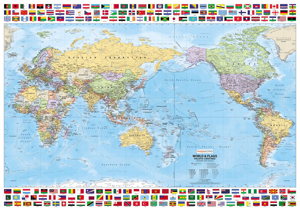 World Political Wall Map, Pacific-Centered with Flags, by Mapuccino Maps.com