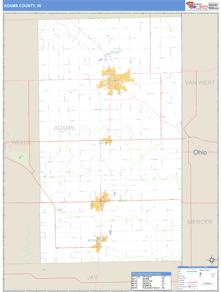 Adams County, Indiana Zip Code Wall Map | Map Geek.com