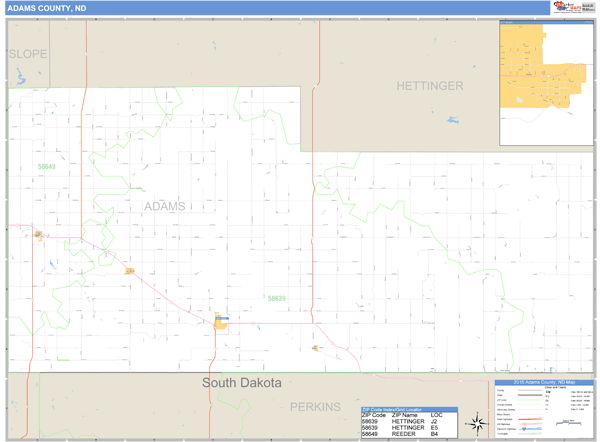 Adams County, North Dakota Zip Code Wall Map Market Maps (IDI)