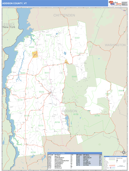 Addison County, Vermont Zip Code Wall Map Market Maps (IDI)
