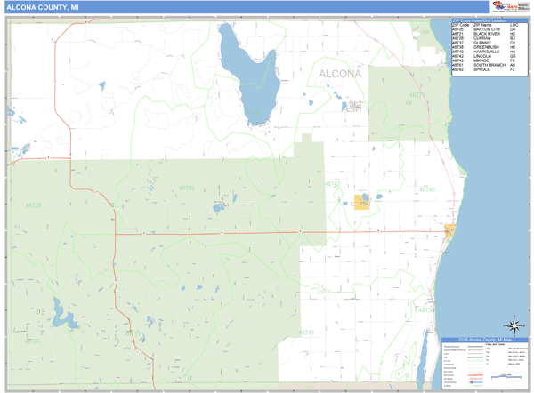 Alcona County, Michigan Zip Code Wall Map | Map Geek.com