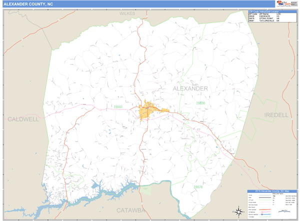 Alexander County, North Carolina Zip Code Wall Map Market Maps (IDI)