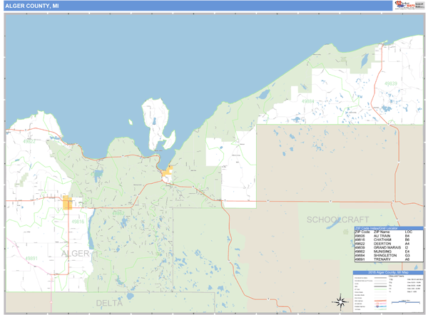 Alger County, Michigan Zip Code Wall Map Market Maps (IDI)