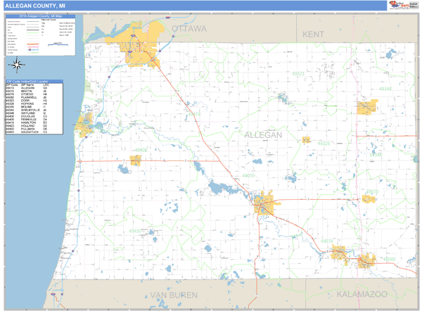 Allegan County, Michigan Zip Code Wall Map Market Maps (IDI)