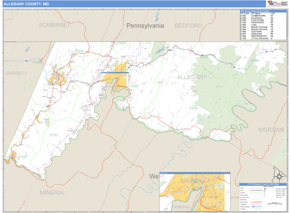 Allegany County, Maryland Zip Code Wall Map Market Maps (IDI)