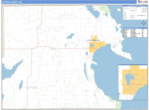 Alpena County, Michigan Zip Code Wall Map Market Maps (IDI)