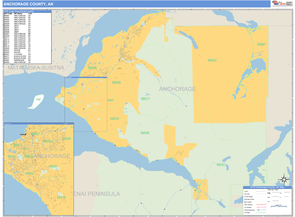Anchorage County, Alaska Zip Code Wall Map Market Maps (IDI)
