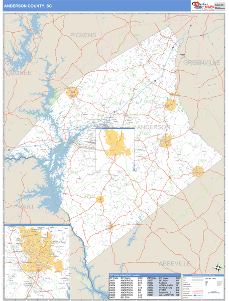 Anderson County, South Carolina Zip Code Wall Map Market Maps (IDI)