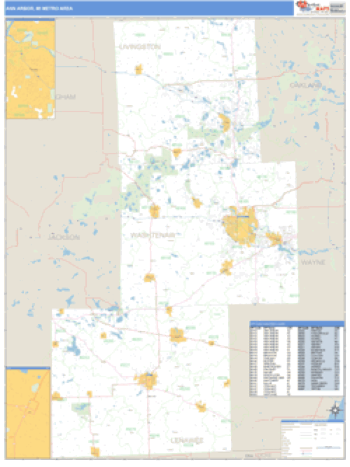 Ann Arbor, Michigan Metro Area Wall Map Market Maps (IDI)