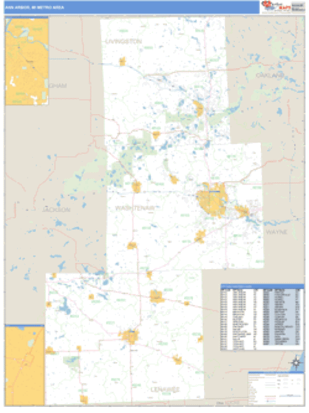 Ann Arbor, Michigan Metro Area Wall Map Market Maps (IDI)
