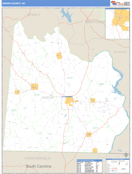 Anson County, North Carolina Zip Code Wall Map Market Maps (IDI)