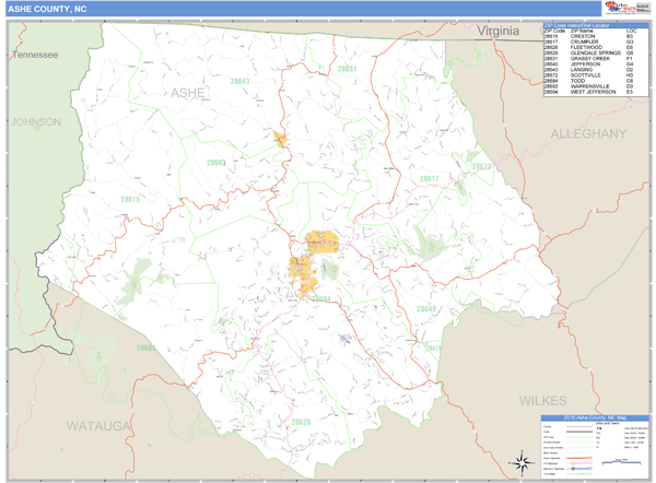 Ashe County, North Carolina Zip Code Wall Map Market Maps (IDI)
