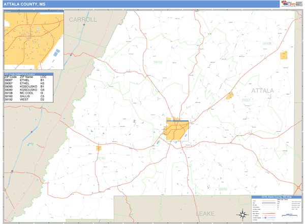 Attala County, Mississippi Zip Code Wall Map Market Maps (IDI)
