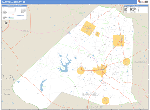 Barnwell County, South Carolina Zip Code Wall Map Market Maps (IDI)