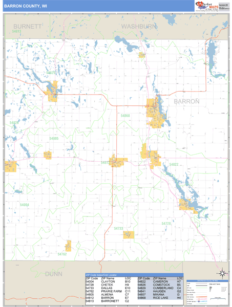 Barron County, Wisconsin Zip Code Wall Map | Map Geek.com
