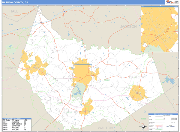 Barrow County, Georgia Zip Code Wall Map | Map Geek.com