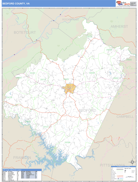 Bedford County, Virginia Zip Code Wall Map Market Maps (IDI)
