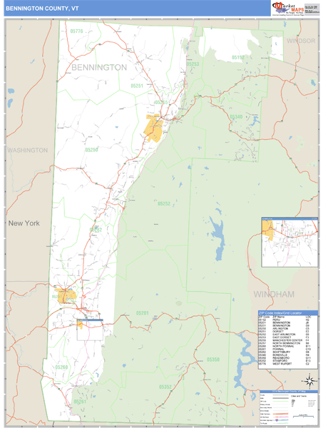 Bennington Vt Map Bennington County, Vermont Zip Code Wall Map | Map Geek.com