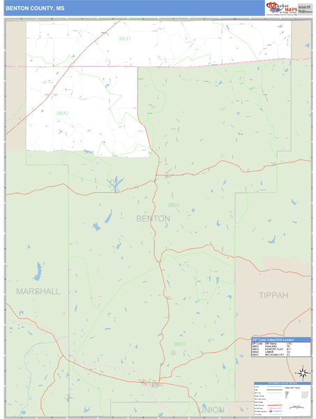Benton County, Mississippi Zip Code Wall Map Market Maps (IDI)