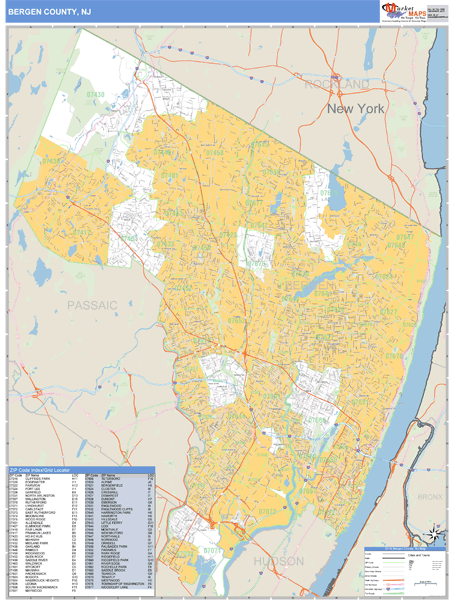 Bergen County, New Jersey Zip Code Wall Map Market Maps (IDI)