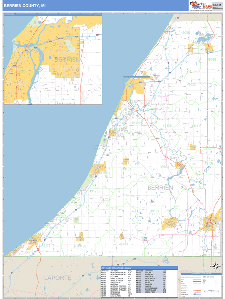 Berrien County, Michigan Zip Code Wall Map Market Maps (IDI)