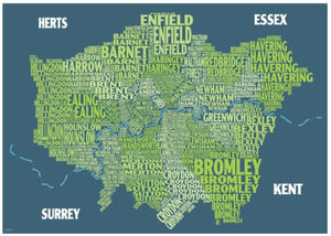Graphic Map London - boroughs, green background by Oxford Cartographers
