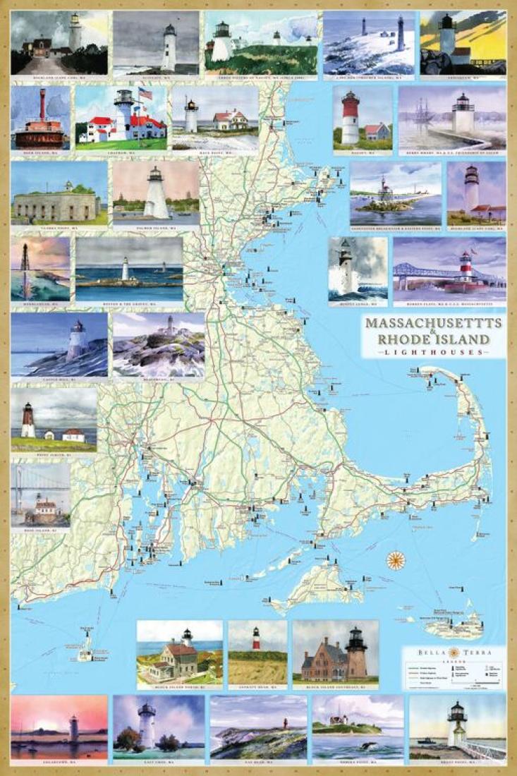 Cover of Massachusetts and Rhode Island Lighthouses Map - Laminated Poster