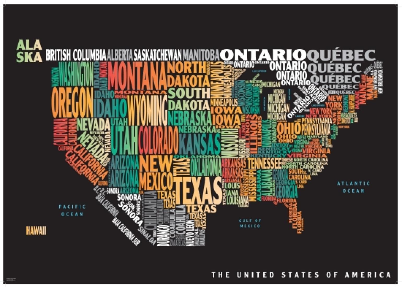 Graphic Map USA - colours, black background by Oxford Cartographers ...