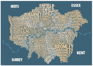 Graphic Map London - boroughs, beige background by Oxford Cartographers