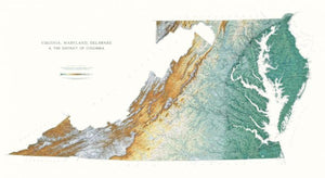 Virginia, Maryland, Delaware, & DC - Physical, Laminated Wall Map by Raven Maps