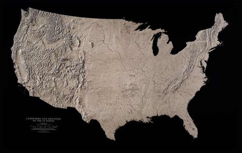 Cover of USA Landforms & Drainage of 48 States Black & White Laminated Wall Map by Raven Maps 