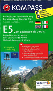 E5: From Lake Constance to Verona Hiking Map By Kompass