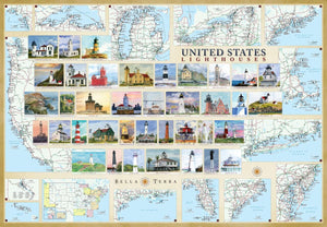 United States Lighthouses Map - Laminated Poster by Bella Terra Publishing LLC